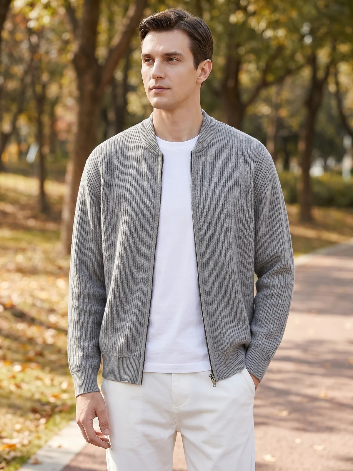 Men's zip-up stand collar cardigan – Gray lifestyle view – Edward & Lawsen