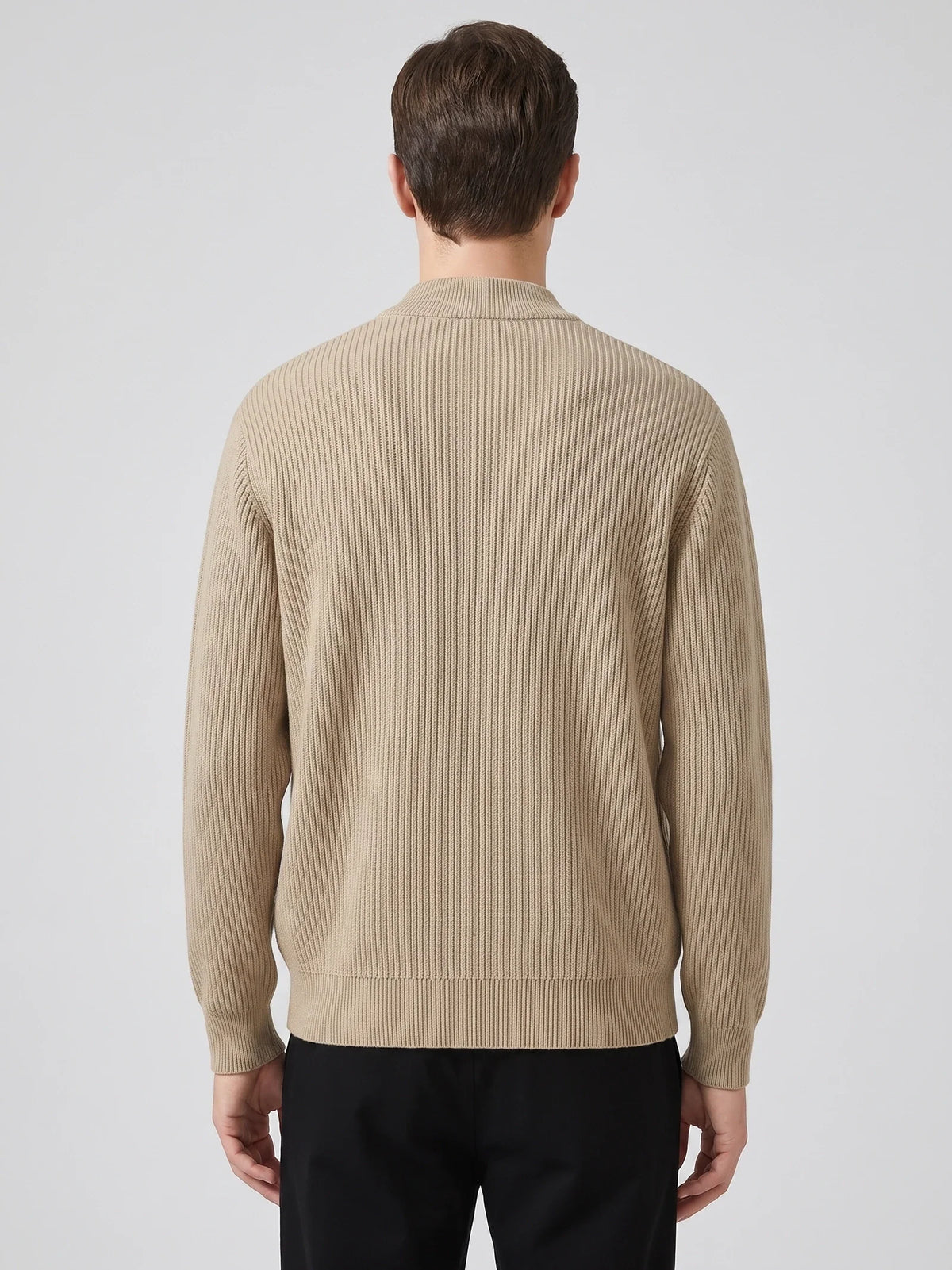 Men's zip-up stand collar cardigan – Khaki back view – Edward & Lawsen