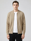 Men's zip-up stand collar cardigan – Khaki front view – Edward & Lawsen