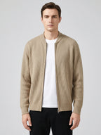 Men's zip-up stand collar cardigan – Khaki front view – Edward & Lawsen