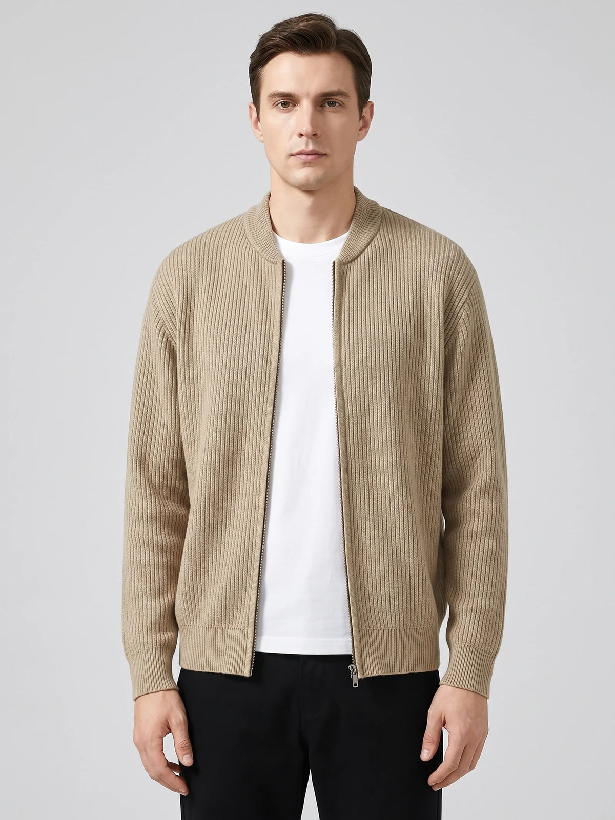 Men's zip-up stand collar cardigan – Khaki front view – Edward & Lawsen