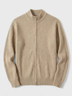 Men's zip-up stand collar cardigan – Khaki full view – Edward & Lawsen