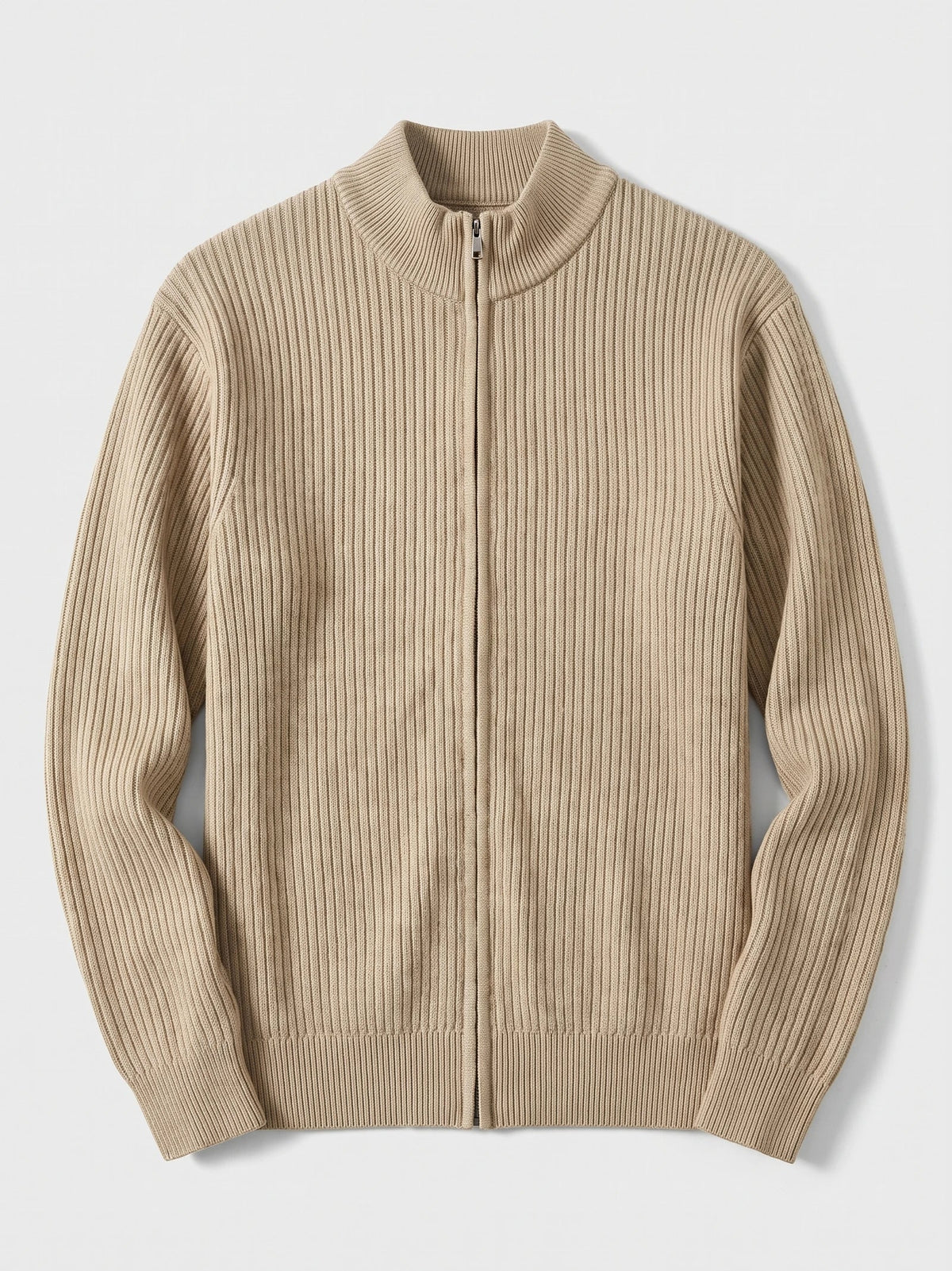 Men's zip-up stand collar cardigan – Khaki full view – Edward & Lawsen