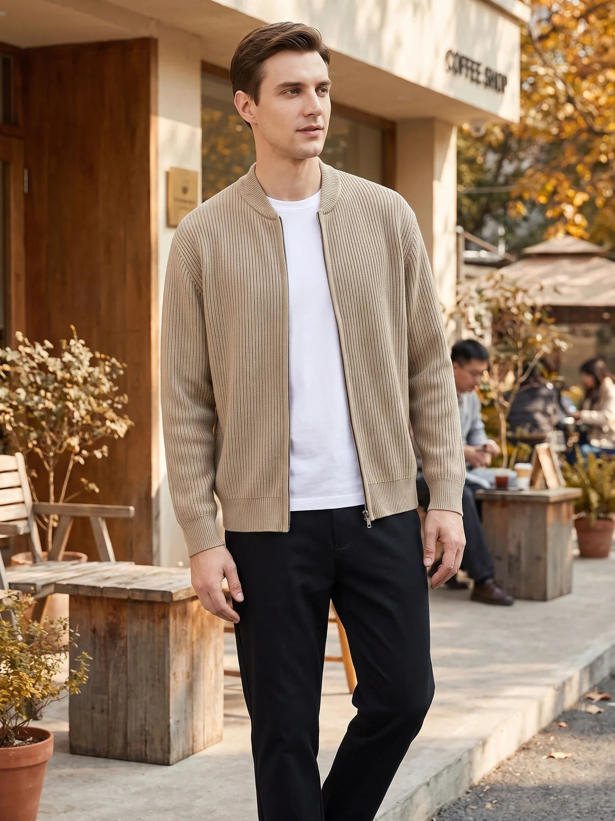 Men's zip-up stand collar cardigan – Khaki lifestyle view – Edward & Lawsen