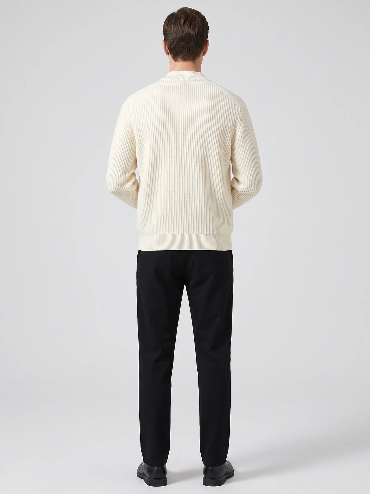 Men's zip-up stand collar cardigan – White back view – Edward & Lawsen
