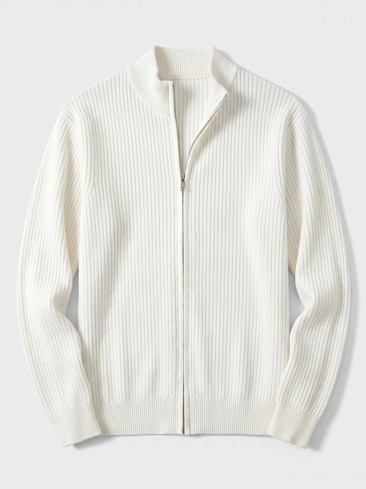 Men's zip-up stand collar cardigan – White full view – Edward & Lawsen