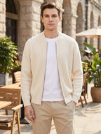 Men's zip-up stand collar cardigan – White lifestyle view – Edward & Lawsen