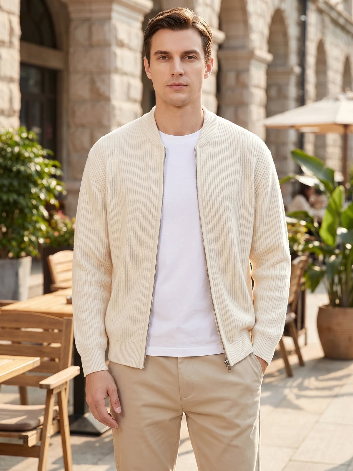 Men's zip-up stand collar cardigan – White lifestyle view – Edward & Lawsen